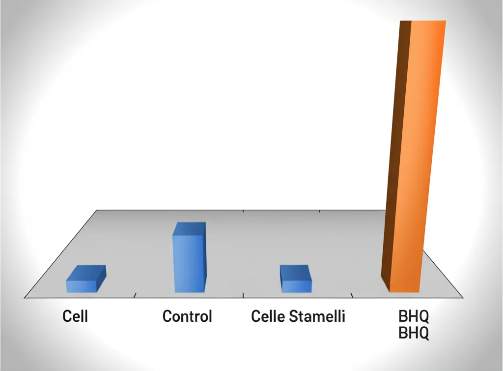 Grafico scientifico stilizzato che mostra un aumento significativo di barre rappresentanti cellule staminali nel sangue periferico dopo trattamento con BHQ (barra arancione alta), rispetto a un controllo (barra blu bassa). Sfondo pulito, assi etichettati, effetto 3D leggero.