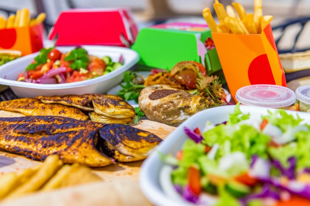 Un tavolo imbandito con un mix di piatti tradizionali omaniti sani, come pesce grigliato e insalate colorate, accanto a confezioni di fast food moderno. La scena è illuminata da una luce naturale controllata, catturata con un obiettivo macro da 80mm per evidenziare i dettagli del cibo, alta definizione.