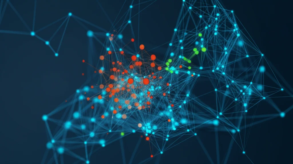 Visualizzazione astratta di dati demografici e dietetici, rappresentata come una rete complessa di nodi e connessioni colorate su sfondo neutro. Cluster luminosi indicano diversi gruppi di rischio identificati dall'analisi LCA e SEM, stile infografica moderna, illuminazione da studio.