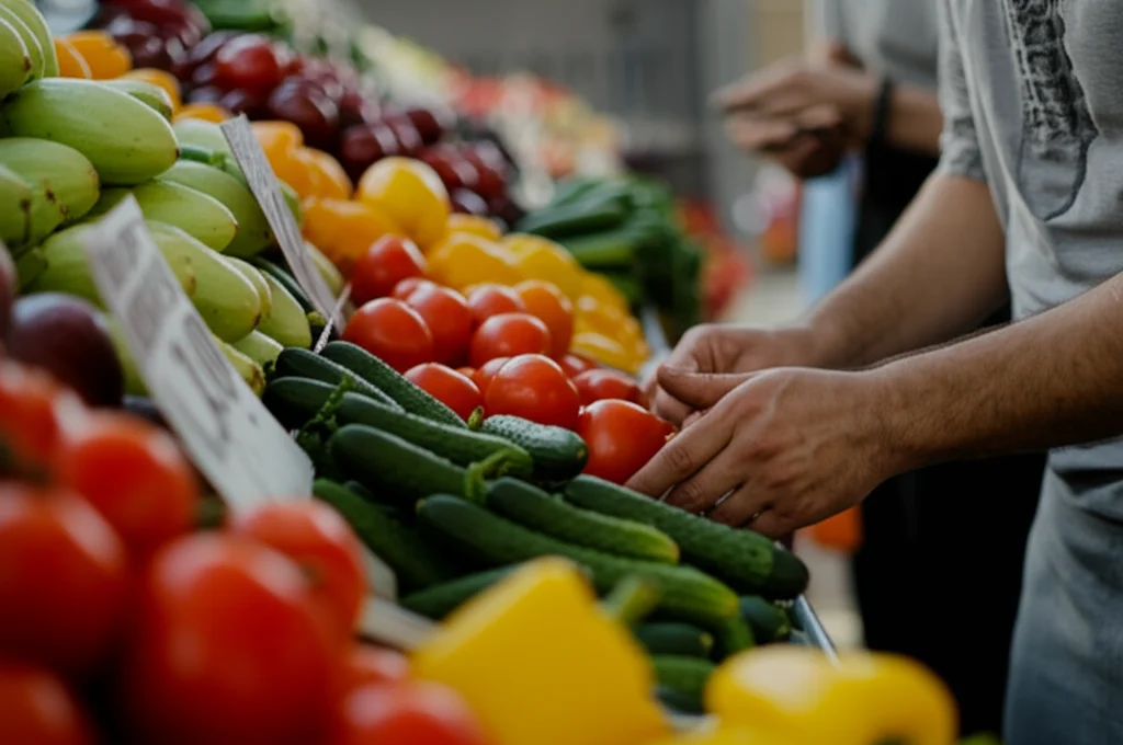 Primo piano di mani curate che scelgono con attenzione frutta e verdura fresca e colorata (pomodori, cetrioli, peperoni) in un banco di un mercato locale omanita. La luce calda del mattino illumina la scena, catturata con un obiettivo prime da 50mm con profondità di campo ridotta per sfocare lo sfondo.