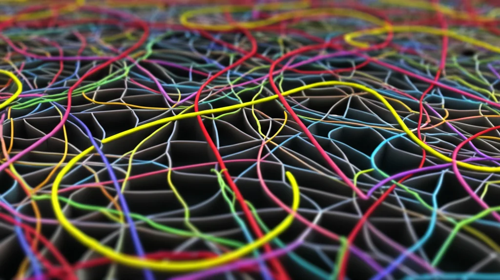 Visualizzazione computerizzata ad alta definizione di traiettorie simulate di batteri Bradyrhizobium (linee colorate curve e segmentate) all'interno di una complessa rete di microcanali che imita il suolo. Alcune traiettorie mostrano chiaramente inversioni a U (Run and Reverse) vicino alle pareti dei canali. I colori delle traiettorie indicano la velocità istantanea. Rendering fotorealistico con profondità di campo, stile scientifico.