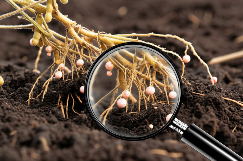 Fotografia di radici di pianta di soia estratte dal terreno, con evidenti noduli radicali (piccole sfere biancastre/rosate) attaccati. In primo piano, una lente d'ingrandimento mostra un dettaglio dei noduli. Sullo sfondo, terreno fertile scuro. Luce naturale morbida, lente macro 60mm, alta definizione, focus sui noduli.