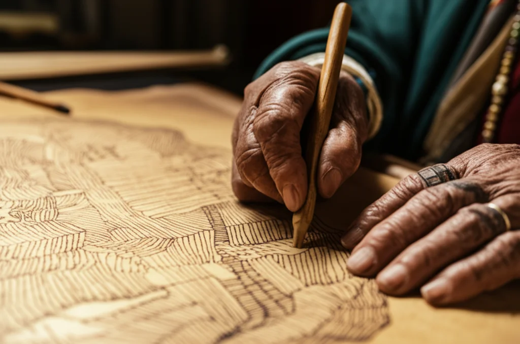 Fotografia macro, obiettivo 100mm, ad alta definizione, che mostra le mani di una persona anziana indigena che traccia con cura linee su una mappa tradizionale disegnata a mano su pergamena, illuminazione laterale controllata per evidenziare la texture della mappa e delle mani segnate dal tempo.
