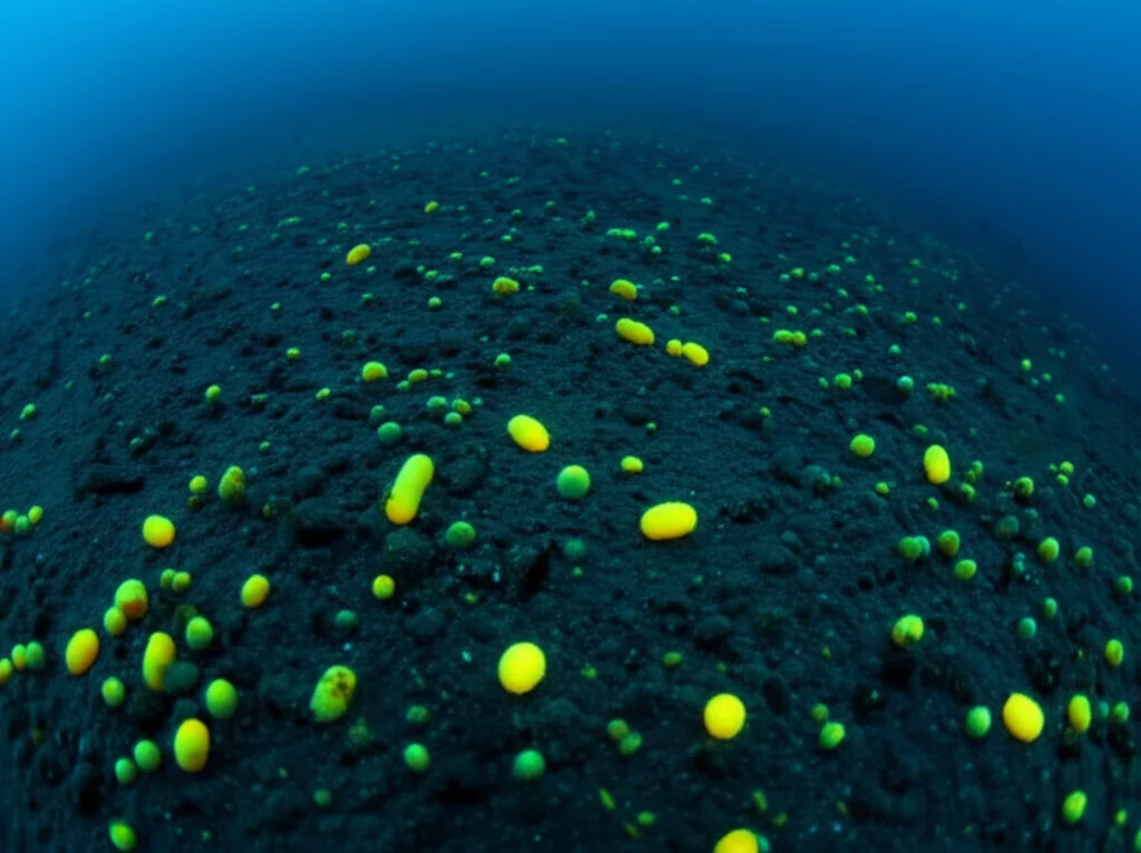 Immagine di un fondale marino profondo e scuro, con alcuni batteri Streptomyces luminescenti che crescono sui sedimenti. Wide-angle lens, 10mm, long exposure per catturare la luminescenza, sharp focus sui batteri, atmosfera misteriosa e scientifica.