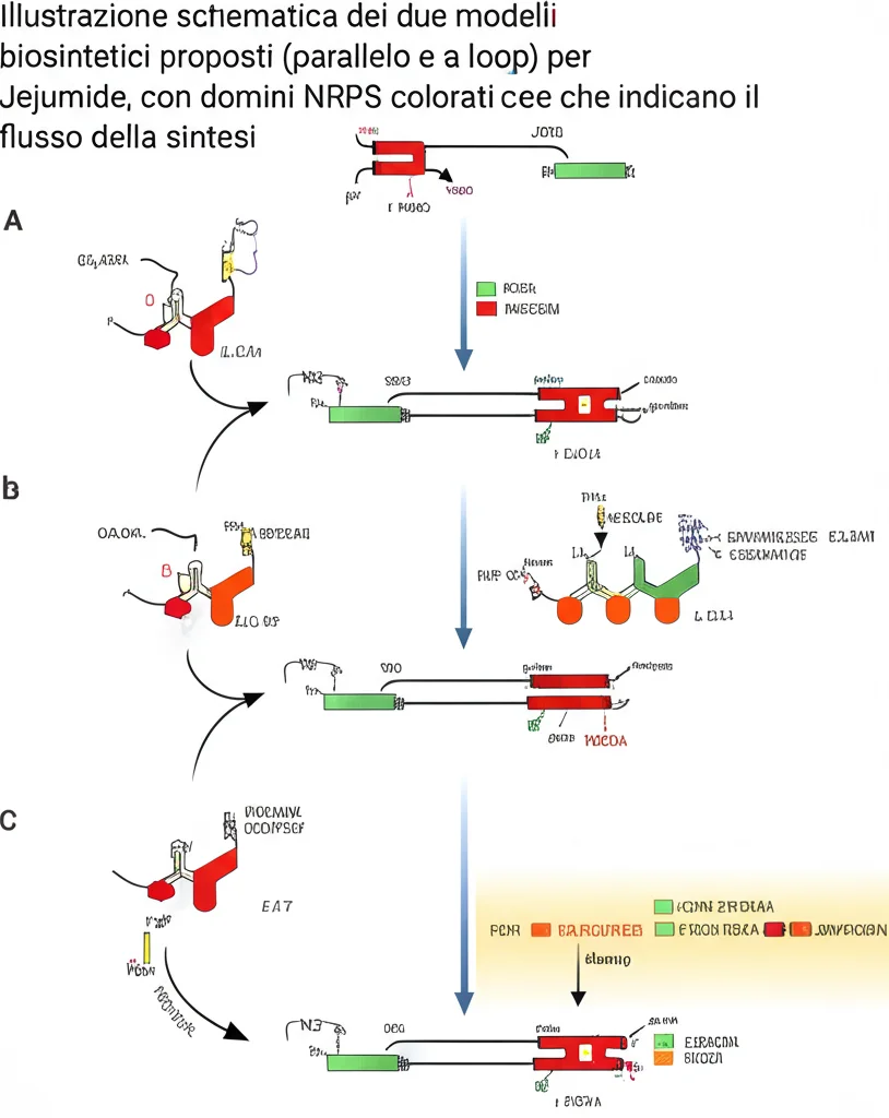 Illustrazione schematica dei due modelli biosintetici proposti (parallelo e a loop) per Jejumide, con domini NRPS colorati e frecce che indicano il flusso della sintesi. Stile infografica scientifica, chiara e dettagliata.