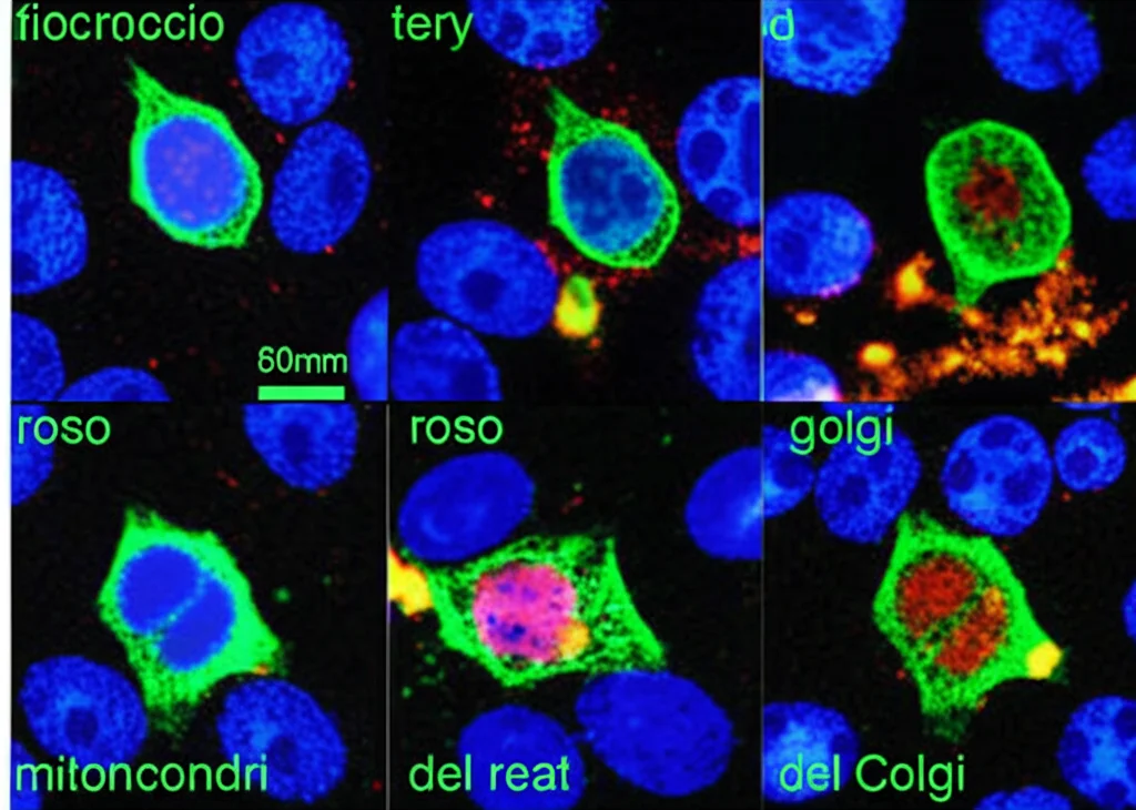 Microscopia confocale di cellule HepG2 trattate con un composto. Immagine ad alta risoluzione catturata con obiettivo 60mm macro. Si vedono chiaramente il nucleo (blu), i mitocondri (rosso), il reticolo endoplasmatico (verde) e l'apparato del Golgi (giallo), con illuminazione controllata per massimizzare il contrasto dei segnali fluorescenti separati ottenuti con la tecnica CPP.