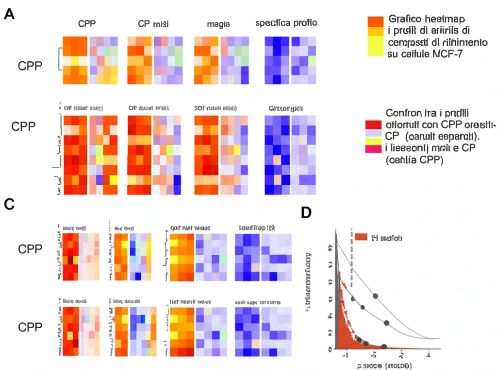 Grafico heatmap che mostra i profili di attività di composti di riferimento su cellule MCF-7. Confronto tra i profili ottenuti con CPP (canali separati, inclusi i lisosomi) e CP (canali misti). I colori indicano l'intensità della risposta fenotipica (z-score). Si nota la maggiore granularità e specificità del profilo CPP. Grafica scientifica, alta leggibilità dei dati.