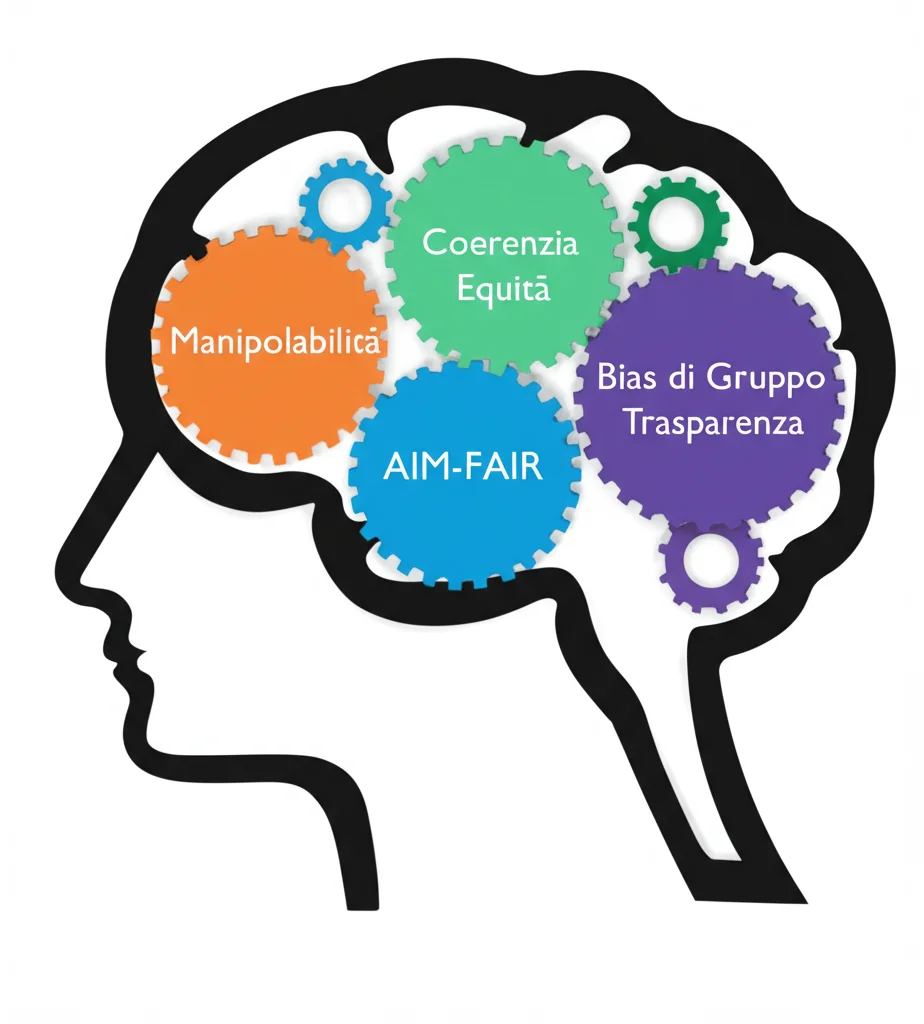 Illustrazione concettuale che mostra le cinque dimensioni della scala AIM-FAIR (Coerenza, Equità, Bias di Gruppo, Manipolabilità, Trasparenza) come ingranaggi colorati interconnessi all'interno di una silhouette stilizzata di un cervello umano, a simboleggiare la percezione multidimensionale dell'equità nell'IA. Obiettivo macro 60mm, alta definizione, illuminazione da studio controllata.