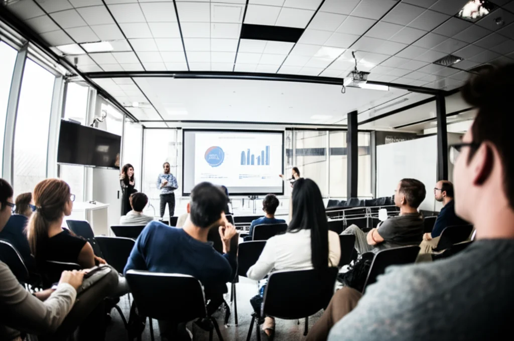 Immagine grandangolare di una sala conferenze moderna con persone diverse che discutono animatamente sull'etica dell'IA, con grafici sulla fairness proiettati su uno schermo. Obiettivo grandangolare 18mm, luce naturale brillante, messa a fuoco nitida su tutta la scena.