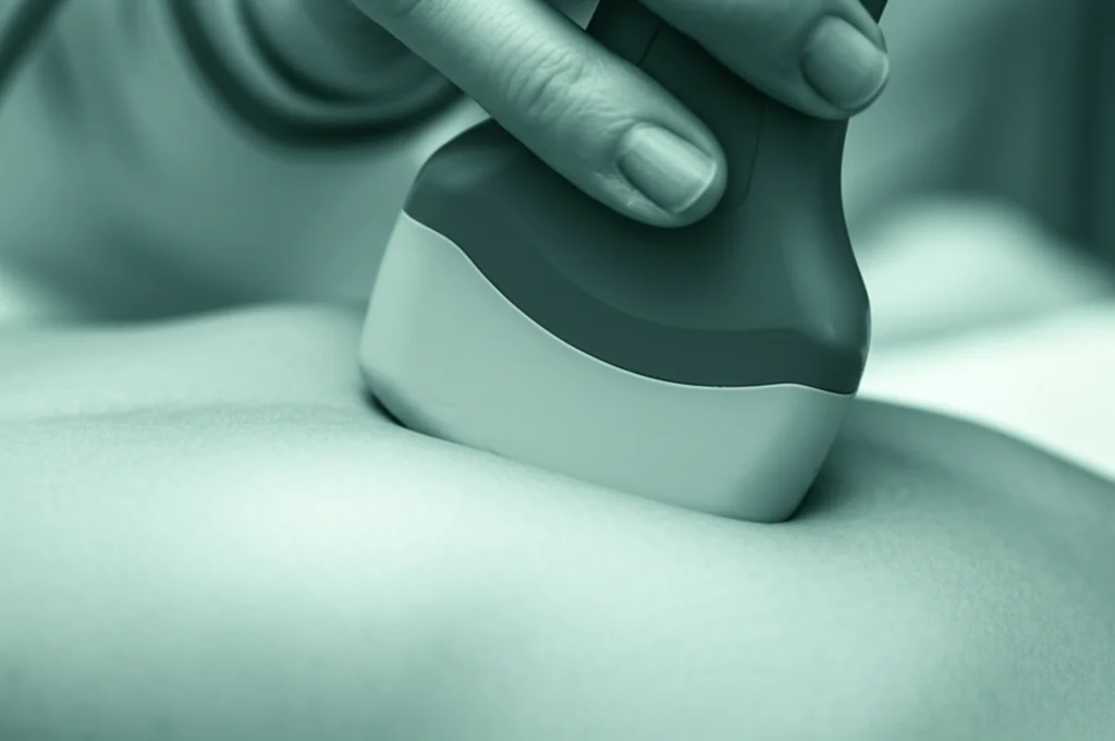 Fotografia macro di una sonda ecografica a contatto con l'addome di un bambino piccolo durante un esame medico, immagine in bianco e nero con duotono verde acqua e grigio scuro, messa a fuoco precisa sulla sonda e sulla pelle tesa, luce clinica controllata, obiettivo prime 50mm, profondità di campo ridotta.