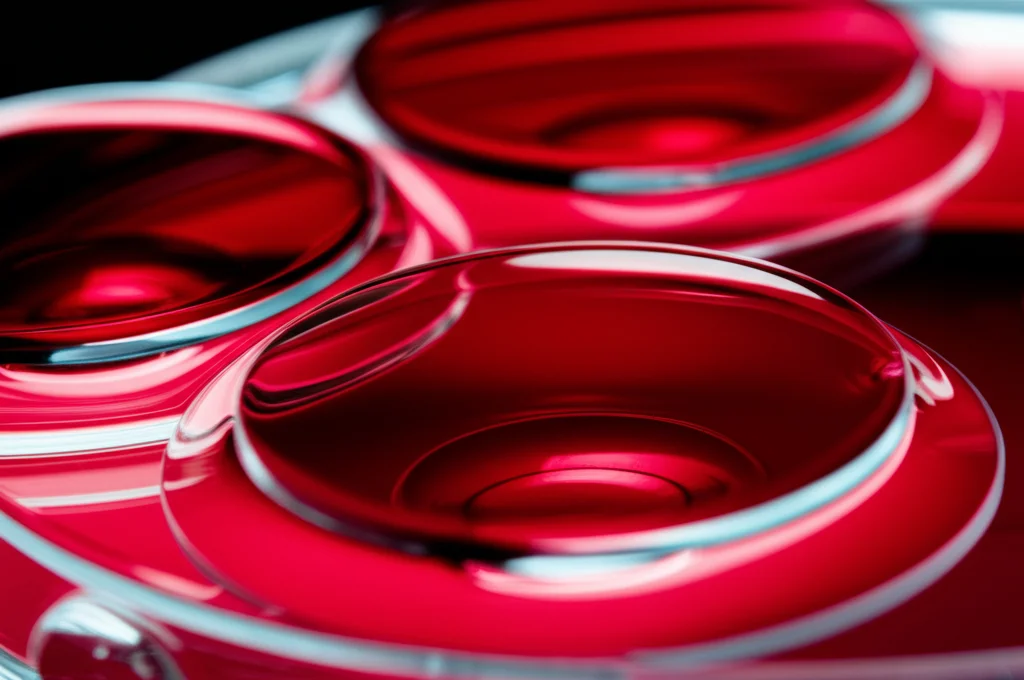 Macro fotografia di tre piastre circolari (vetro di quarzo, vetro rivestito di surfattante, idrogel) parzialmente immerse in un liquido rosso simile al sangue in pozzetti di laboratorio. Obiettivo macro 100mm, alta definizione, illuminazione controllata da laboratorio, messa a fuoco precisa sulle differenze di adesione del liquido.