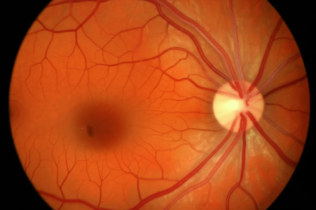 Immagine macro di un occhio umano che mostra i vasi sanguigni della retina, alcuni dei quali appaiono danneggiati o anomali, a simboleggiare la retinopatia diabetica. Illuminazione controllata, alta definizione, lente macro 90mm.