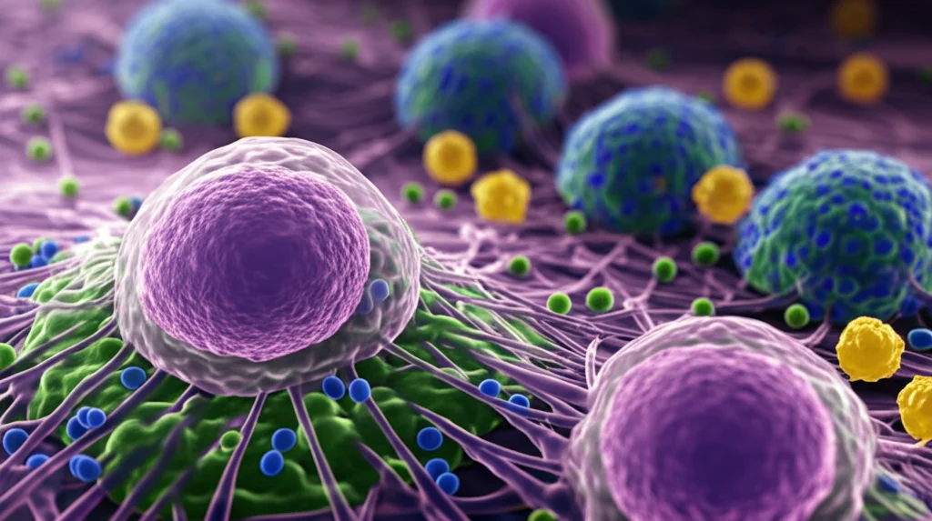 Visualizzazione 3D astratta del microambiente del midollo osseo nel mieloma multiplo, con cellule tumorali (viola) che rilasciano lattato (sfere gialle) influenzando i macrofagi (blu/verdi). Lente macro 100mm, alta definizione, illuminazione drammatica, focus sulle interazioni cellulari.