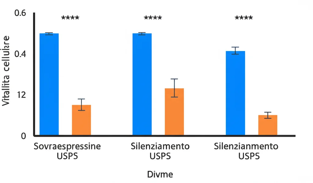 Grafico scientifico astratto che mostra barre crescenti (sovraespressione USP5) e decrescenti (silenziamento USP5) rappresentanti la vitalità cellulare e la produzione di lattato. Focus sui dati, colori blu e arancione duotone, stile infografica moderna.