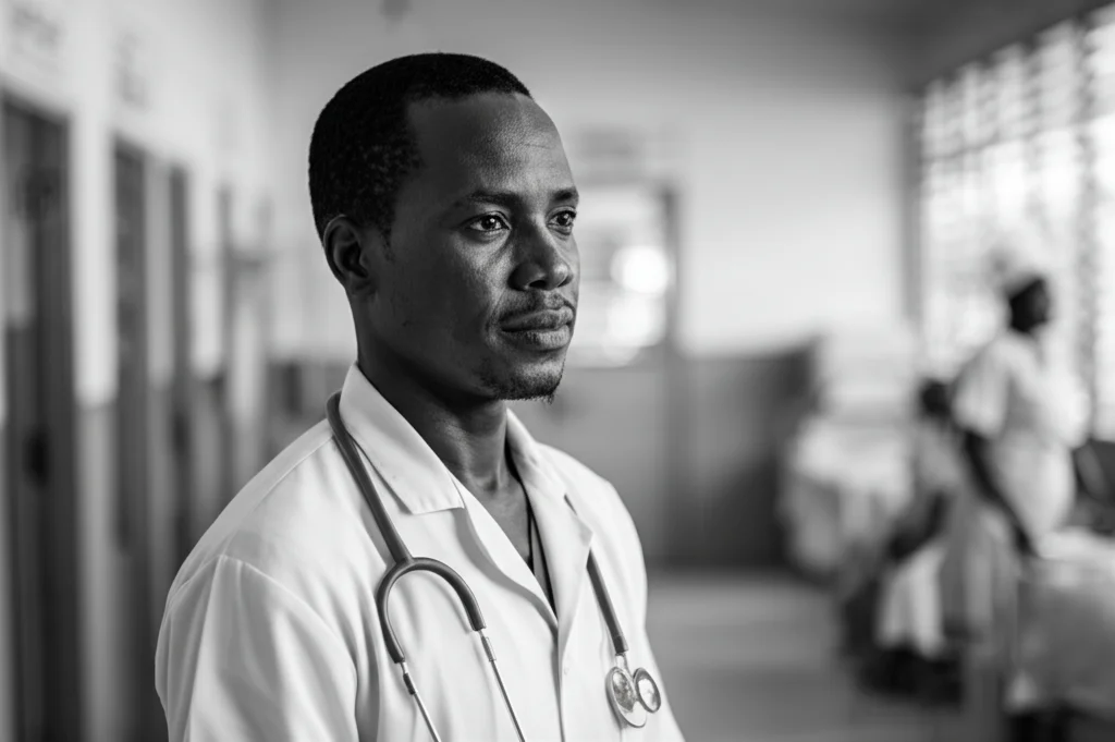 Fotografia realistica di un professionista sanitario mozambicano, forse un'infermiera o un tecnico medico, in un ambiente ospedaliero distrettuale luminoso ma semplice. Obiettivo prime 35mm, profondità di campo che sfoca leggermente lo sfondo per concentrarsi sulla persona, luce naturale laterale che illumina il volto pensieroso ma competente. Bianco e nero.