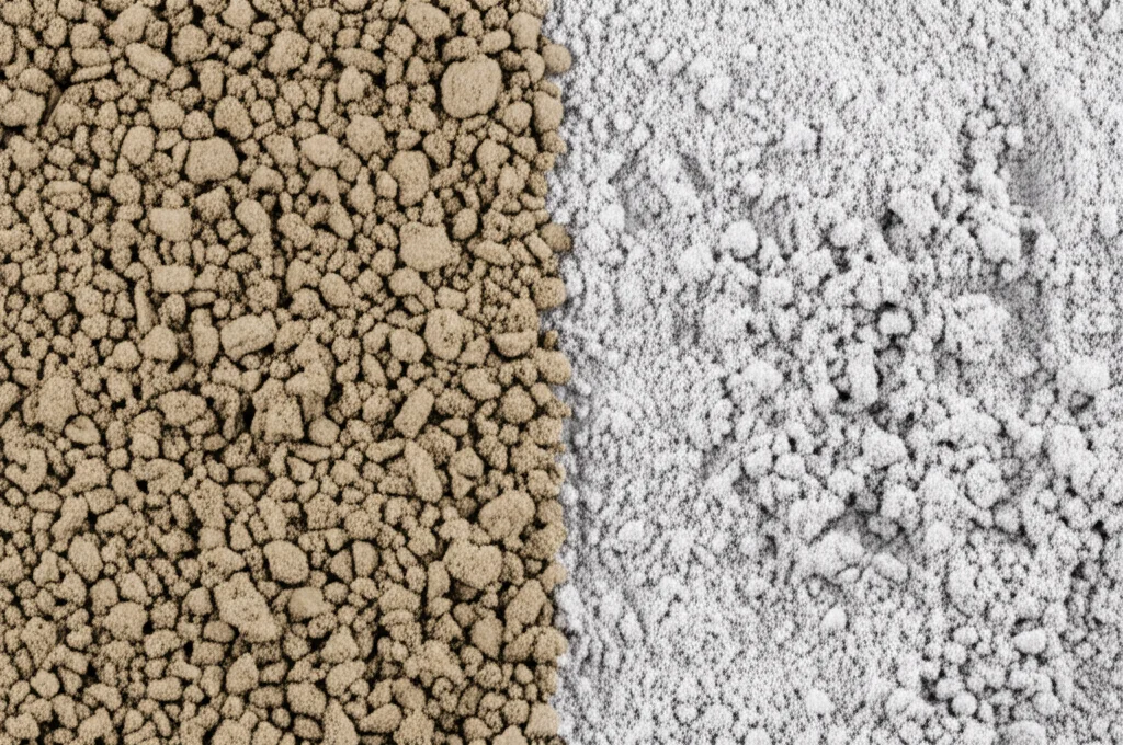 Fotografia macro, obiettivo 85mm, primo piano di aggregati fini di calcestruzzo riciclato (RFA) e polvere fine riciclata (RFP) affiancati, che mostrano differenze di texture, alto dettaglio, illuminazione controllata, focus sulla texture granulosa dell'RFA e sulla polvere fine dell'RFP.