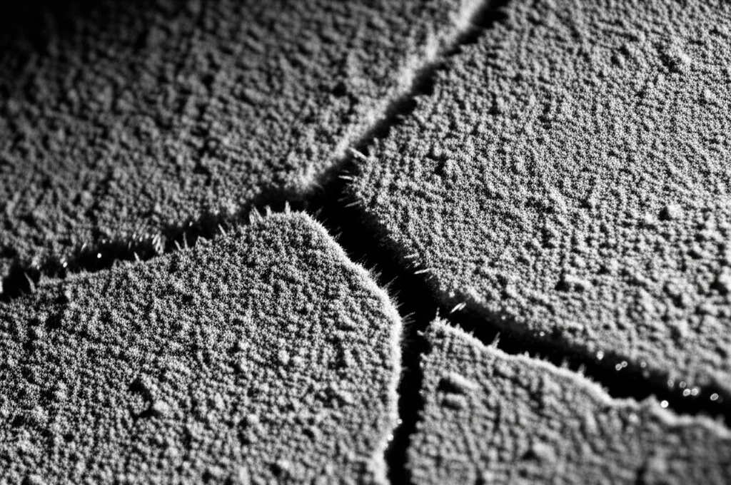 Fotografia ravvicinata, obiettivo 50mm prime, superficie di un blocco di calcestruzzo che mostra significative crepe e sfaldamenti causati da cicli di gelo-disgelo, cristalli di ghiaccio visibili in alcune crepe, illuminazione laterale drammatica, profondità di campo focalizzata sulla texture del danno.
