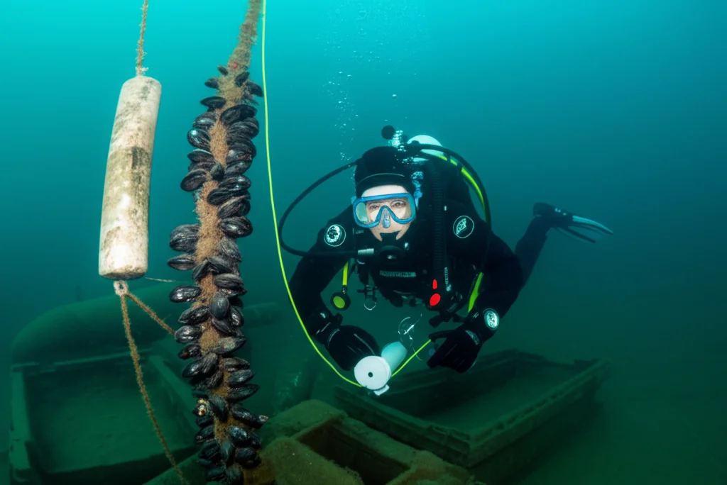 Fotografia subacquea, prime lens 35mm, un subacqueo scientifico con attrezzatura completa che ispeziona attentamente una rete contenente mitili scuri (cozze) e un campionatore passivo cilindrico, ancorati vicino a casse di munizioni parzialmente sepolte nel fondale della Baia di Lubecca. Profondità di campo che sfoca leggermente lo sfondo.