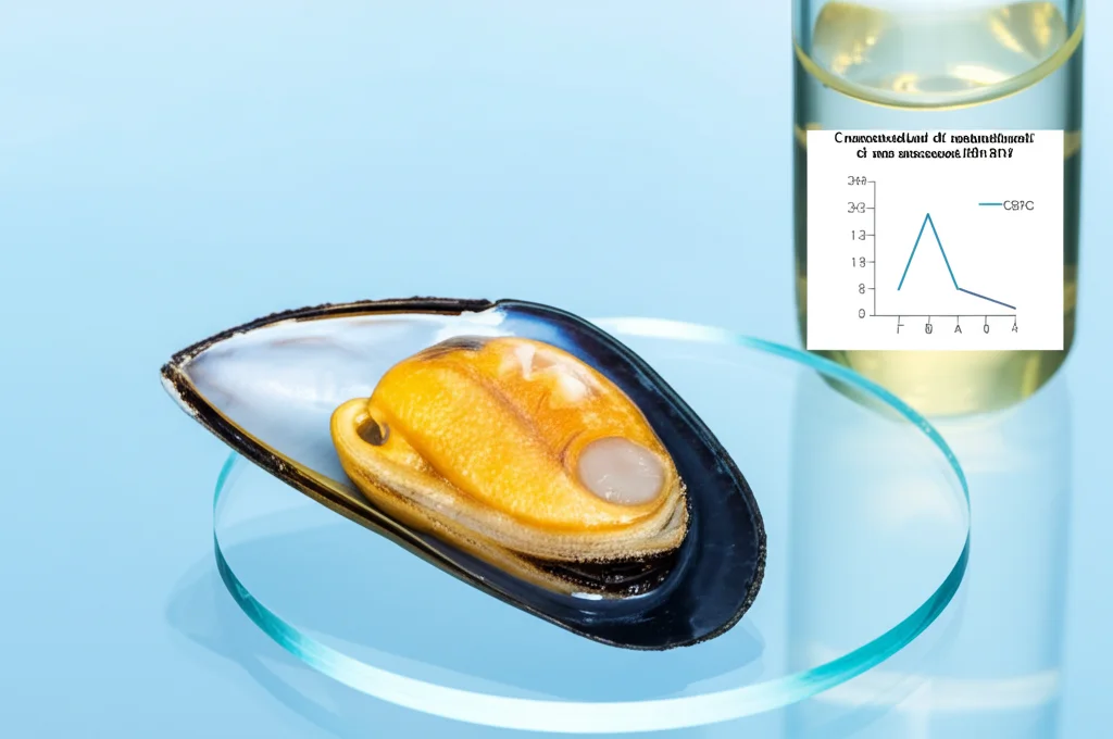 Fotografia still life, macro lens 100mm, primo piano di un mitilo (cozza) aperto su un vetrino da laboratorio, accanto a una provetta contenente acqua leggermente torbida e un grafico che mostra basse concentrazioni di contaminanti. Illuminazione da laboratorio precisa e controllata, alta definizione dei dettagli del tessuto del mitilo.