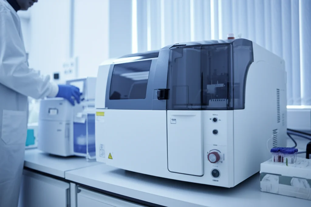 Fotografia di un citometro a flusso in un laboratorio di ricerca moderno, con un tecnico che carica un campione. Luce soffusa, profondità di campo che sfoca lo sfondo, obiettivo prime 35mm, toni duotone blu e grigio.