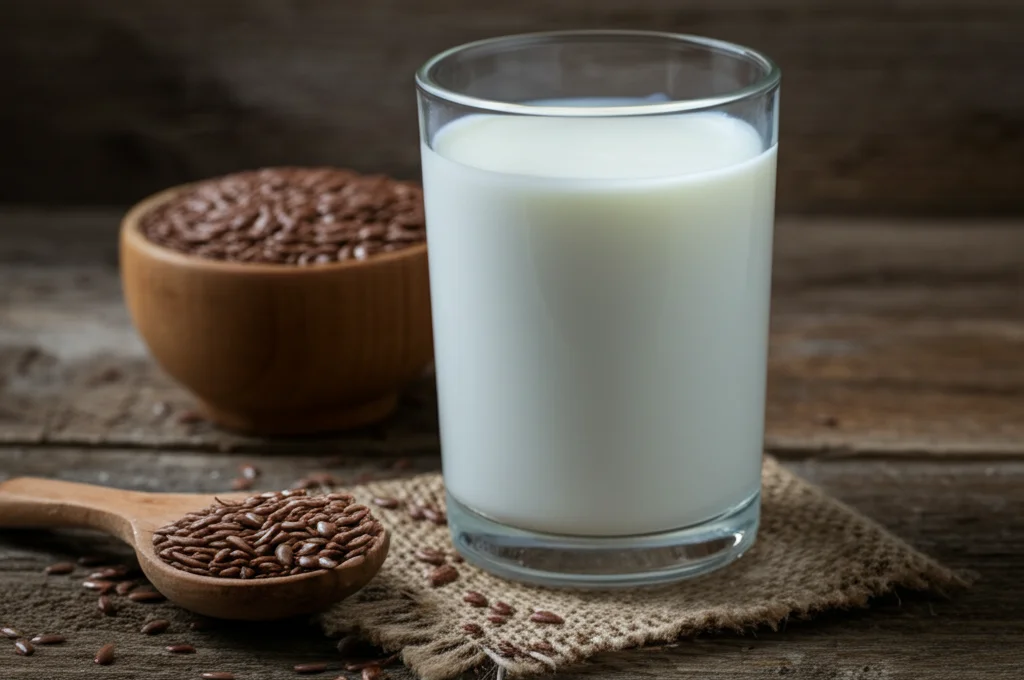 Still life photography, 100mm Macro lens, un bicchiere di latte fresco e cremoso accanto a una piccola ciotola di semi di lino su un tavolo di legno rustico, alta definizione, illuminazione controllata laterale che enfatizza la texture del latte e il dettaglio dei semi.