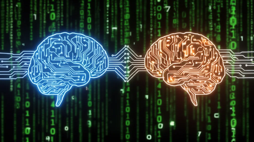Fotografia macro, obiettivo 85mm, di due cervelli stilizzati fatti di circuiti luminosi blu e arancioni, collegati da fili di luce bianca che simboleggiano lo scambio di informazioni complesse. Lo sfondo è scuro con codice binario verde sfocato in profondità di campo. Illuminazione controllata e alta definizione per evidenziare i dettagli dei circuiti.
