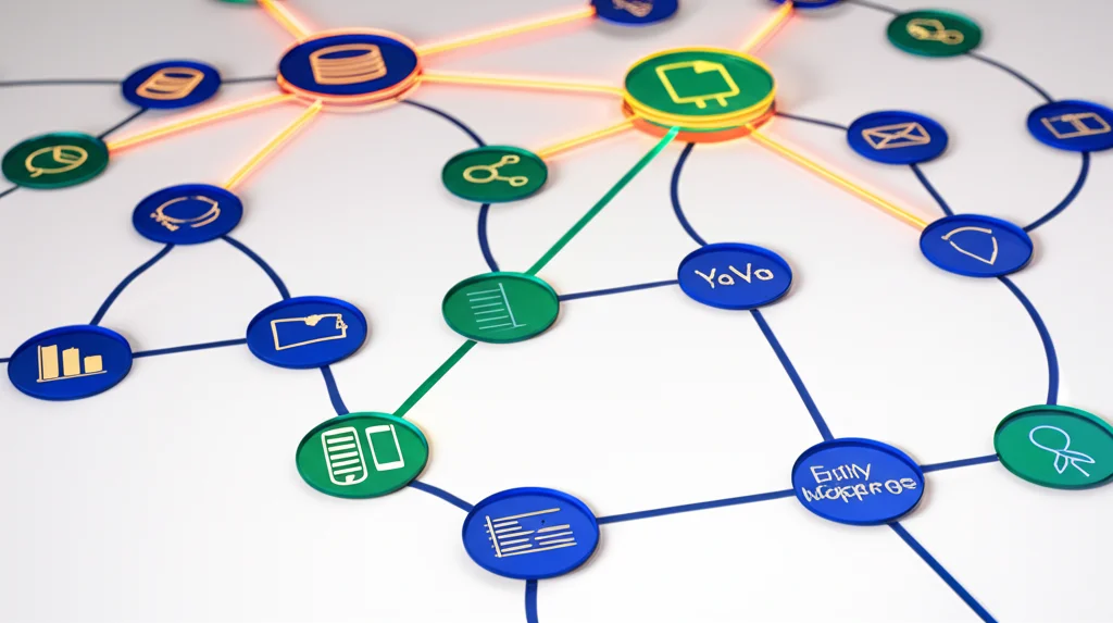Immagine astratta, stile infografica 3D fotorealistica, obiettivo macro 60mm. Mostra diverse strutture dati (grafi blu, tabelle verdi) su uno sfondo grigio chiaro, collegate da ponti luminosi arancioni (schema crosswalks). Nodi etichettati con icone rappresentano le mappature (entity mappings). Focus nitido sui collegamenti e sulle etichette, alta definizione.