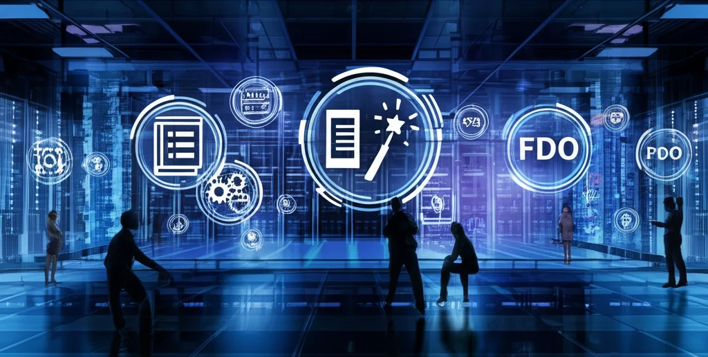 Visione futuristica, stile wide-angle 15mm, di un data center olografico fluttuante in uno spazio high-tech blu scuro. Icone luminose rappresentano i FAIR Services (Terminologia - icona libro, Schema - icona ingranaggio, Operazioni - icona bacchetta magica) che interagiscono con sfere fluttuanti etichettate 'FDO'. Figure umane stilizzate osservano da una piattaforma sottostante. Lunghe esposizioni per scie luminose.