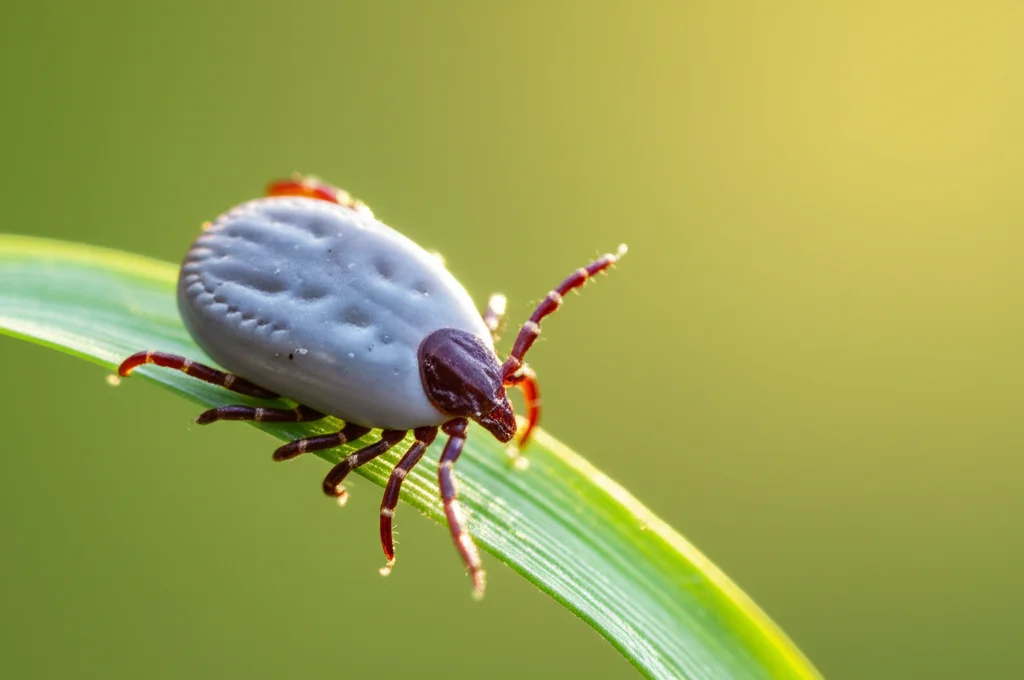 Primo piano macro di una zecca Ixodes su un filo d'erba illuminato dal sole, lente macro 100mm, alta definizione, messa a fuoco precisa sui dettagli della zecca.