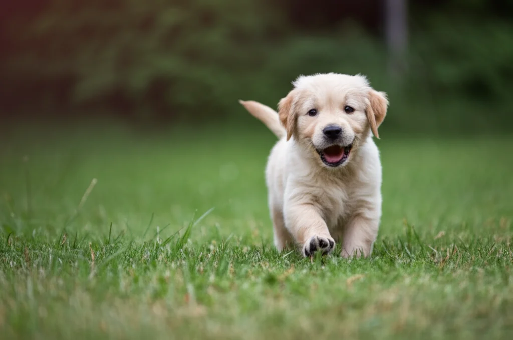 Fotografia di un cucciolo di Golden Retriever che gioca spensierato sull'erba verde, lente prime 50mm, luce naturale morbida, sfondo leggermente sfocato per enfatizzare il cucciolo.