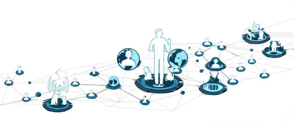 Illustrazione astratta che rappresenta reti di dati interconnesse tra icone di persone, cani e ambiente, con linee luminose che simboleggiano il flusso di informazioni e previsioni, stile grafico moderno.