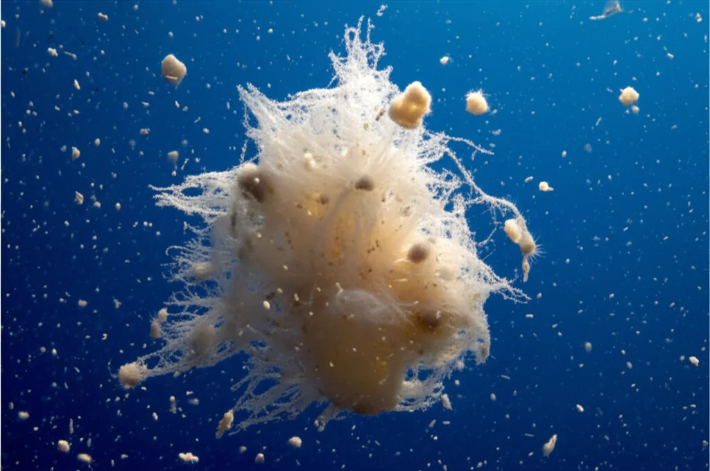 Fotografia macro di particelle organiche marine (neve marina) di varie dimensioni sospese nell'acqua blu profonda dell'oceano. L'illuminazione laterale controllata evidenzia la struttura tridimensionale degli aggregati. Lente macro 90mm, alta definizione, focus selettivo su un aggregato più grande al centro.