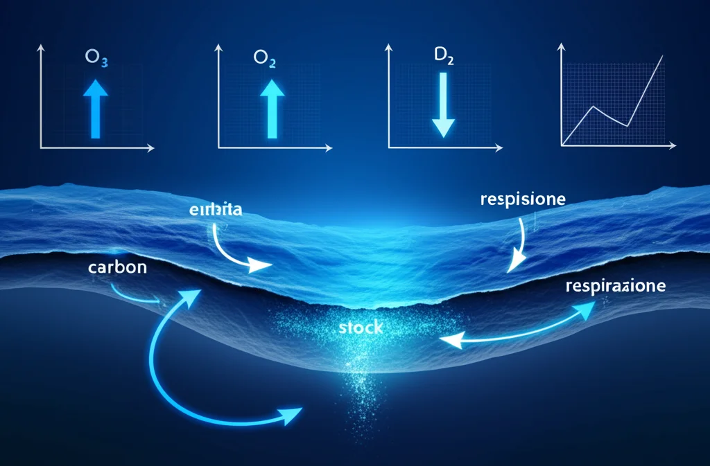 Visualizzazione scientifica astratta del bilancio del carbonio in una sezione d'acqua oceanica. Frecce indicano il flusso di carbonio in entrata (dall'alto), in uscita (verso il basso), e la trasformazione interna (respirazione, indicata da scintille o dissolvenza). Grafici stilizzati mostrano l'equilibrio tra apporto, consumo e stock. Colori blu scuro e accenti luminosi. Angolo ampio, 24mm.