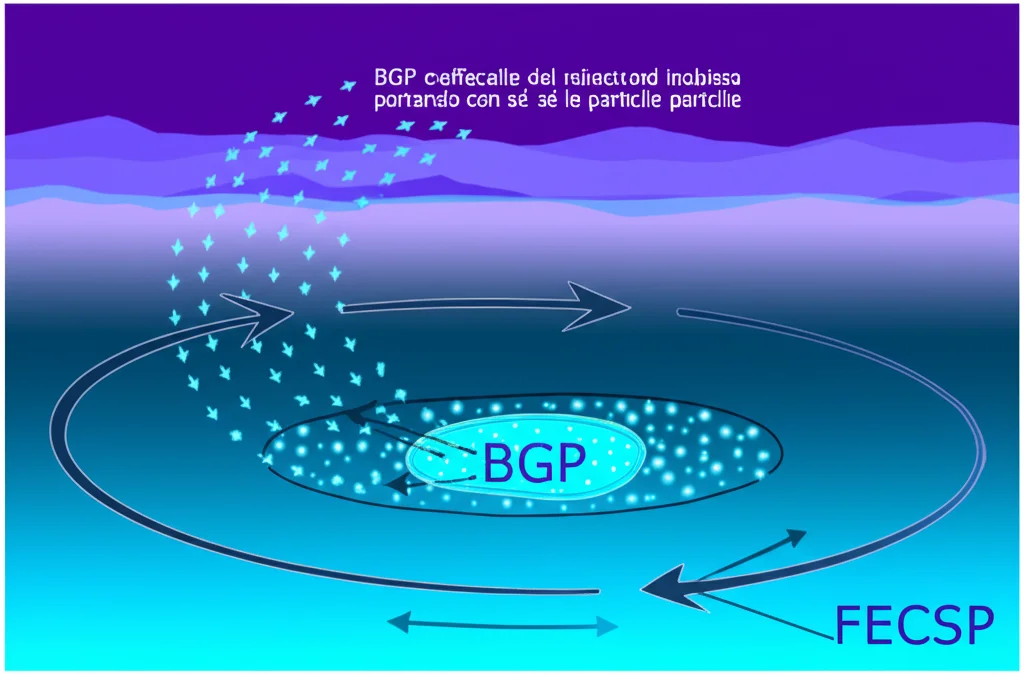 Illustrazione concettuale che mostra due meccanismi di esportazione del carbonio in un vortice oceanico: particelle che affondano (BGP, frecce tratteggiate verso il basso) e l'intero nucleo del vortice che si inabissa portando con sé le particelle (FECSP, grande freccia solida verso il basso che racchiude il nucleo). Stile semi-realistico, colori blu e viola per l'acqua, particelle come punti luminosi. Angolo di visione laterale.