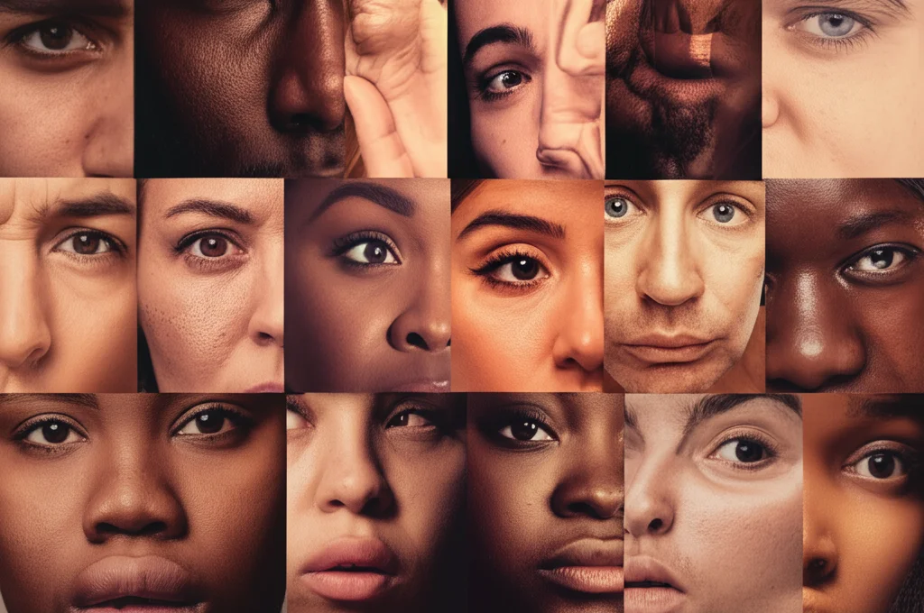 Primo piano di diverse persone con espressioni facciali variegate - fiducia, scetticismo, speranza, preoccupazione - che rappresentano i diversi profili psicologici legati alle attitudini vaccinali. Fotografia ritratto, obiettivo 50mm, luce controllata per enfatizzare le emozioni.