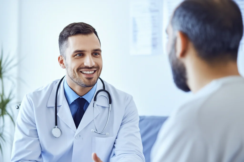 Un operatore sanitario sorridente parla con un paziente in modo empatico e personalizzato, simboleggiando la comunicazione mirata basata sulla comprensione dei profili psicologici. Scatto interno, obiettivo 35mm, profondità di campo ridotta per focalizzare sull'interazione umana.