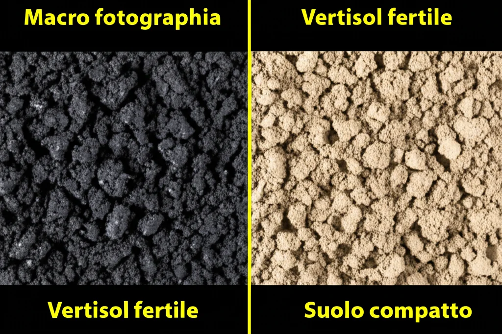 Macro fotografia, 60mm lens, sezione trasversale di un suolo Vertisol fertile che mostra materia organica scura e aggregati stabili, confrontato con un suolo più chiaro e compattato, illuminazione controllata, alta definizione.