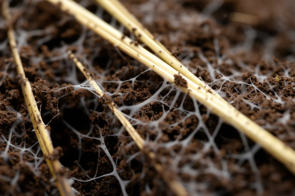 Macro lens, 100mm, primo piano di paglia di mais in decomposizione interrata nel suolo scuro e umido, con ife fungine visibili che si intrecciano tra i frammenti di paglia e le particelle di suolo, messa a fuoco precisa, illuminazione laterale morbida.