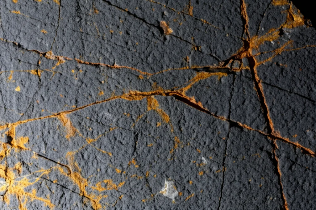 Immagine macro fotorealistica di una sezione di giunzione rocciosa in laboratorio, illuminata lateralmente per evidenziare la rugosità. Si vedono micro-fratture sulla superficie. Obiettivo macro 100mm, alta definizione, illuminazione controllata.