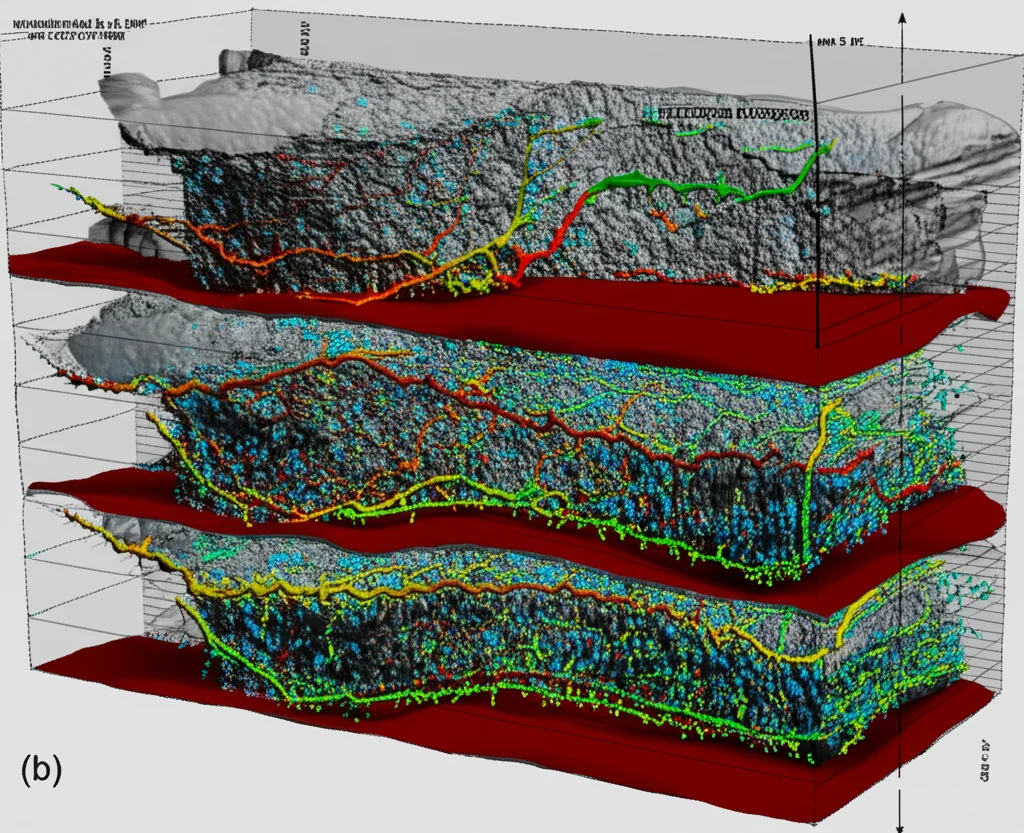 Visualizzazione 3D da simulazione numerica che mostra la distribuzione delle forze (force chains) concentrate lungo le asperità di una giunzione rocciosa durante un test di taglio ciclico. Colori diversi indicano intensità di forza diverse. Wide-angle 24mm, sharp focus.