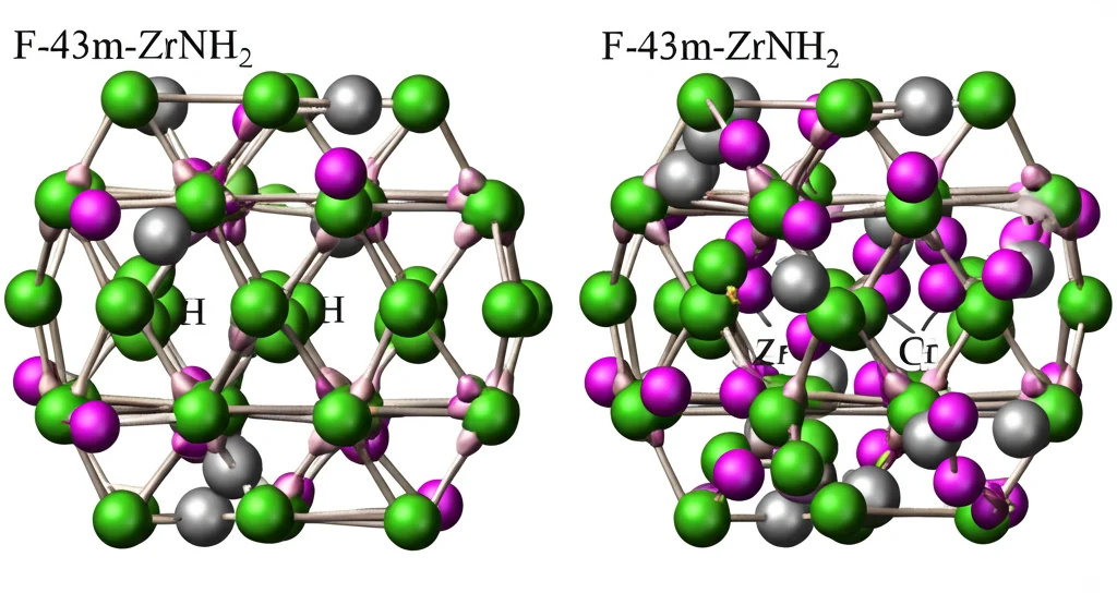 Visualizzazione 3D fotorealistica della struttura cristallina di P63/mmc-ZrNH2 e F-43m-ZrNH affiancate. Obiettivo macro 100mm, illuminazione controllata per evidenziare le sfere rappresentanti gli atomi di Zr (verde), N (argento) e H (rosa), mostrando le quasi-molecole H2 in una struttura e gli atomi H singoli nell'altra. Alta definizione dei legami atomici.
