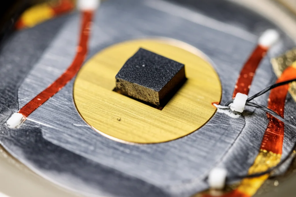 Fotografia macro di una cella a incudine di diamante (DAC) aperta, che mostra il campione di ZrN e NH3BH3 caricato sulla guarnizione metallica con i fili per le misure elettriche. Obiettivo macro 60mm, alta definizione, illuminazione controllata per evidenziare i dettagli minuti della preparazione sperimentale ad alta pressione.