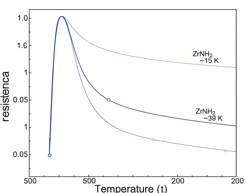 Grafico scientifico fotorealistico che mostra tre curve di resistenza elettrica in funzione della temperatura per ZrN, ZrNH2 e ZrNH. Le curve di ZrNH2 e ZrNH mostrano netti cali a zero resistenza rispettivamente a ~15 K e ~39 K. Obiettivo 35mm prime, profondità di campo ridotta per focalizzare sulle transizioni superconduttive. Duotono blu e grigio per un aspetto pulito e scientifico.