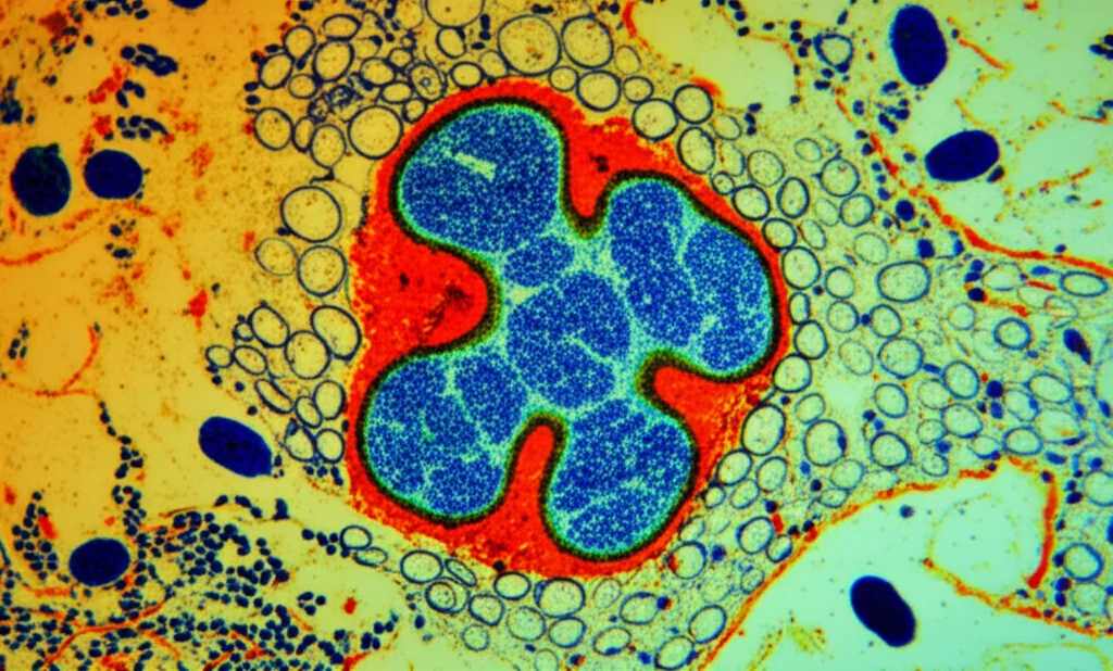 Microscopia elettronica ad alta risoluzione che mostra mitocondri all'interno di una cellula epiteliale bronchiale. Macro lens, 100mm, high detail, precise focusing, controlled lighting, colori realistici ma leggermente intensificati per evidenziare le strutture interne dei mitocondri.