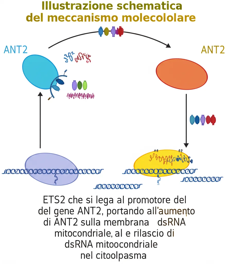Illustrazione schematica del meccanismo molecolare: la proteina ETS2 che si lega al promotore del gene ANT2, portando all'aumento di ANT2 sulla membrana mitocondriale e al rilascio di dsRNA mitocondriale nel citoplasma. Stile grafico pulito, con colori distinti per ogni molecola, su sfondo neutro.