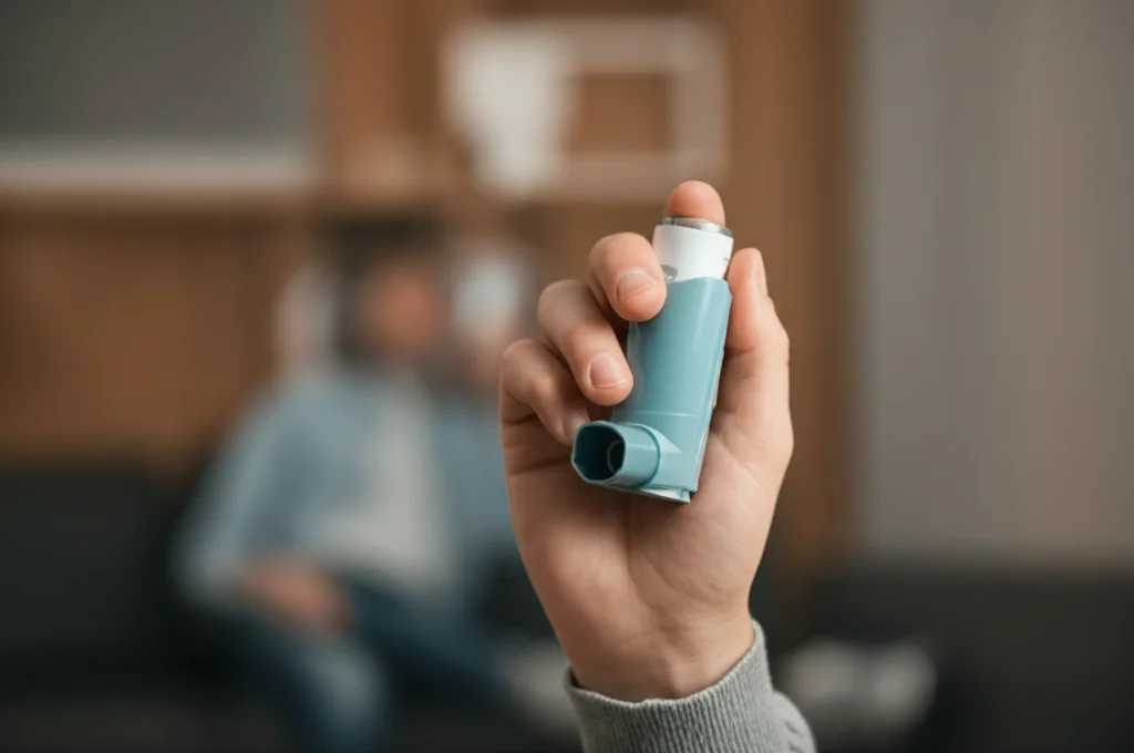 Primo piano di un inalatore per l'asma tenuto in mano da una persona, con sfondo leggermente sfocato di un ambiente domestico sereno. Prime lens, 50mm, depth of field, luce naturale morbida, colori caldi e rassicuranti.