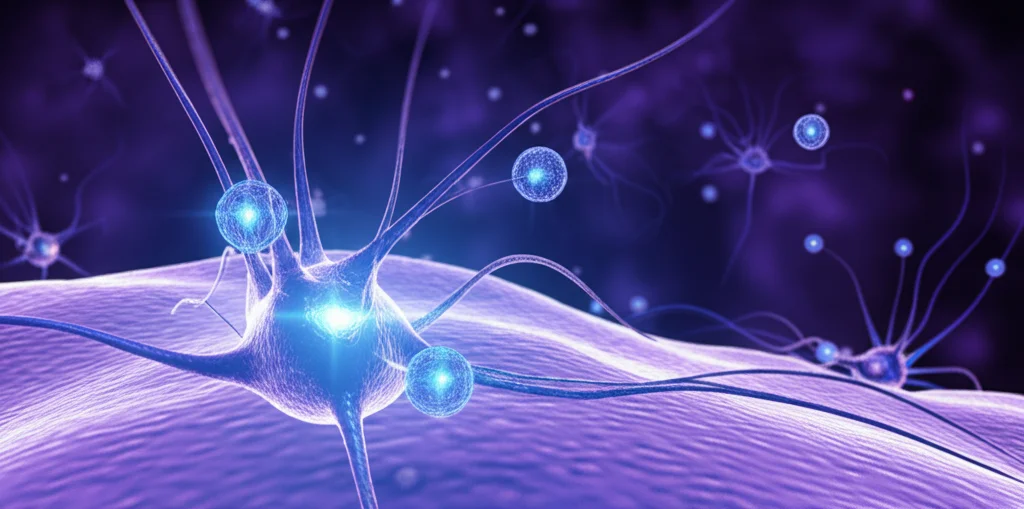 Concetto artistico di esosomi (piccole sfere luminose) che attraversano la barriera emato-encefalica stilizzata per raggiungere neuroni danneggiati nel cervello. Wide-angle lens, 24mm, effetto luminoso e futuristico, colori blu e viola, focus sull'interazione tra esosomi e neuroni.