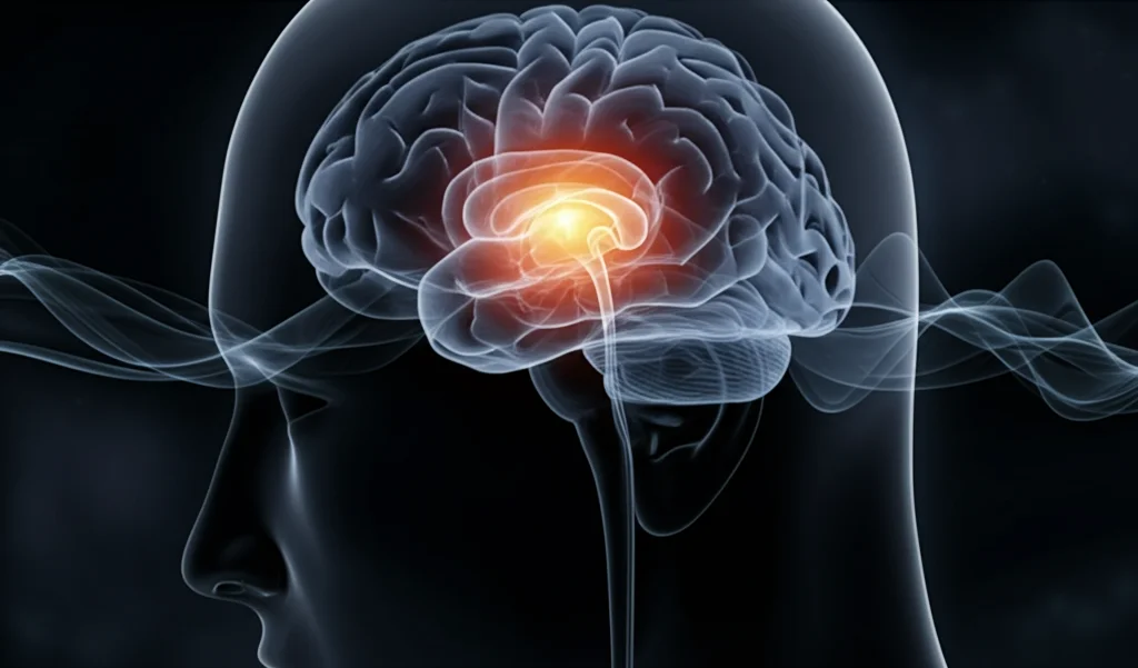 Visualizzazione concettuale del cervello umano con evidenziata la ghiandola pineale che rilascia melatonina in un ciclo giorno-notte, sfondo astratto con onde luminose e scure, obiettivo prime 35mm, stile cinematografico con profondità di campo.