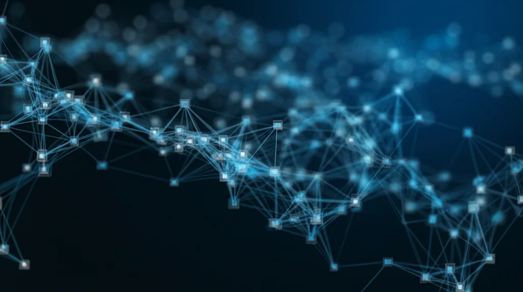 Visualizzazione astratta 3D di una rete neurale complessa con nodi luminosi interconnessi che rappresentano task gerarchici, alcuni percorsi evidenziati in blu brillante a simboleggiare il flusso di ottimizzazione. Stile high-tech, profondità di campo ridotta, obiettivo 35mm.