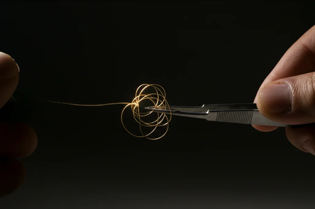 Fotografia concettuale: una mano che sbroglia un filo aggrovigliato e luminoso (simbolo di un processo ricorsivo) usando delle pinzette di precisione (simbolo di Dejavu). Sfondo scuro, illuminazione focalizzata sul filo, obiettivo macro 60mm, alta definizione.